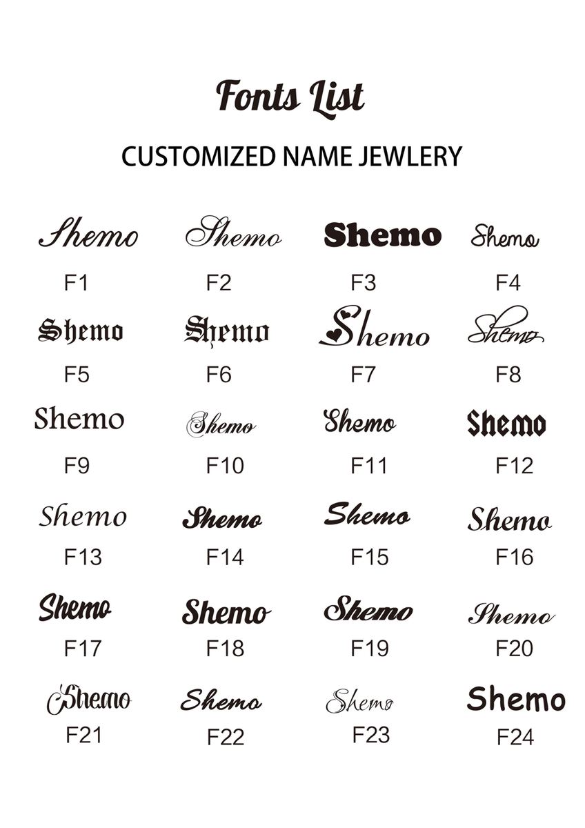 24 font styles for custom name jewelry